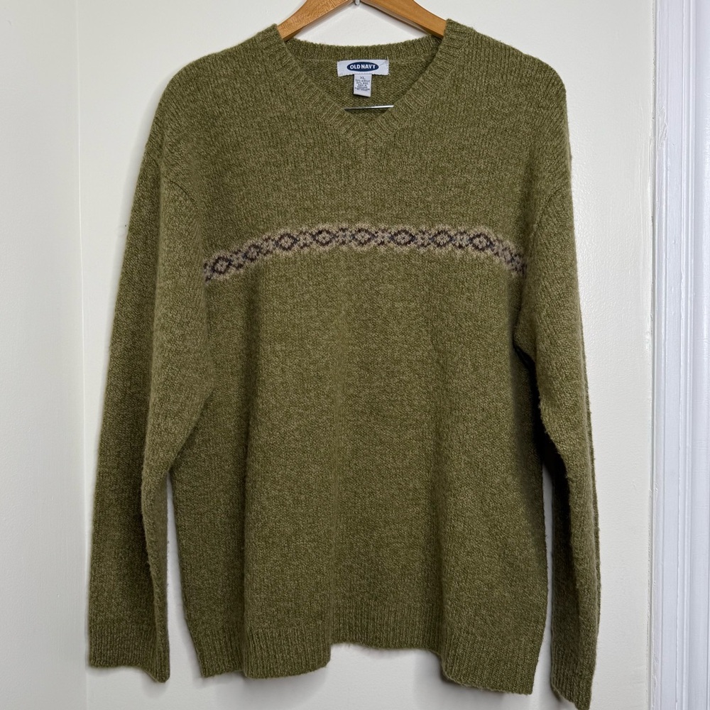 Vintage 90s Old Navy Wool Blend Sweater V Neck  Men’s XL Green